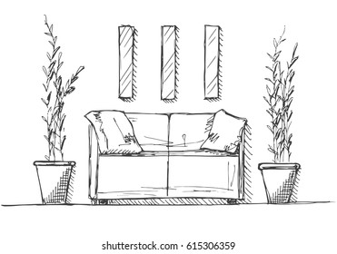 Part of the room. Sofa, plants in pots and a picture on the wall. Linear sketch of an interior. Room plan.  Hand drawn vector illustration of a sketch style.
