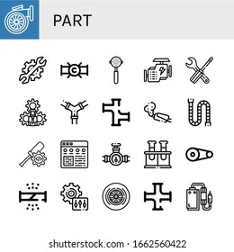 part simple icons set. Contains such icons as Turbo, Setting, Pipe, Portafilter, Engine, Settings, Pipes, Muffler, Chemical, Pulley, Broken pipe, can be used for web, mobile and logo