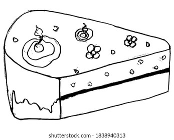 Part of sliced cake. Motive of celebrating birthday, funny parties, tasty sweet food, cooking at kitchen and restaurant. Vector, sketch image in simple style. Can be used in printing and illustration