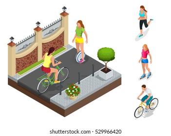 Part of the street with a fence and sidewalk. Roller Skating girl. Electric One Wheel Self-Balancing Unicycle Scooter. Girl running. Active isometric vector People. Healthy Lifestyle.