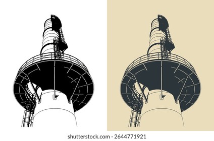 Part of a tall industrial chimney with metal structure, platform and service ladder close up