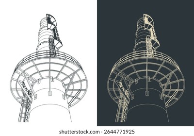 Part of a tall industrial chimney with metal structure, platform and service ladder close up
