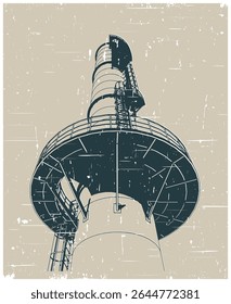 Part of a tall industrial chimney with metal structure, platform and service ladder close up in retro poster style