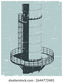 Part of a tall industrial chimney with metal structure, platform and service ladder close-up in retro poster style