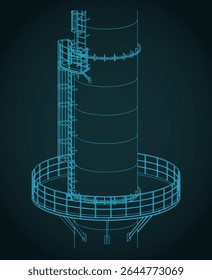 Part of a tall industrial chimney with metal structure and service ladder isometric drawings close up