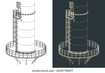 Part of a tall industrial chimney with metal structure, platform and service ladder isometric drawings close up