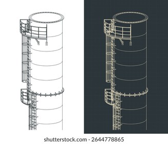 Part of a tall industrial chimney with metal structure, platform and service ladder isometric drawings close up