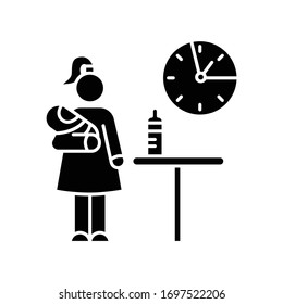 Part time babysitter black glyph icon. Babysitting service worker. Girl looking after baby. Day child care. Help with infant kid. Silhouette symbol on white space. Vector isolated illustration