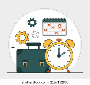 Part time concept. Time management, prioritization and planning. Calendar, clock and briefcase. Reminder and special apps for scheduling appointments for busy people. Cartoon flat vector illustration