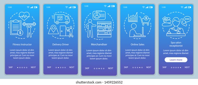 Part time job blue onboarding mobile app page screen vector template. Fitness instructor, receptionist. Walkthrough website steps with linear illustrations. UX, UI, GUI smartphone interface concept