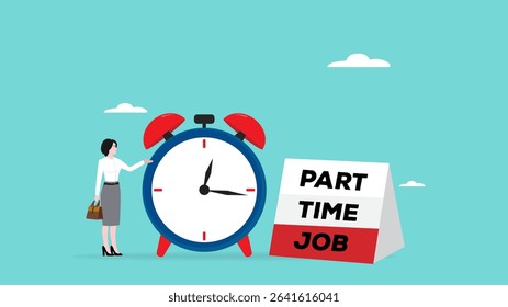 part time job design illustration, part-time online job opportunity, business woman standing while offering part time jobs with clock and banner