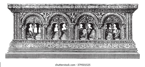 Part of the Tomb of Henry the Large, the former Saint-Etienne de Troyes, vintage engraved illustration. Magasin Pittoresque 1880.