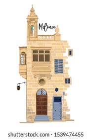 Part of traditional maltese house in Mdina made of sandy stone bricks with various doors, windows and balconies. Vector isolated design