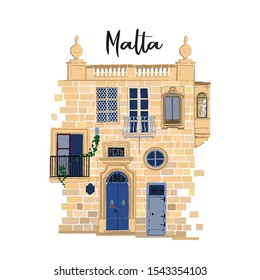 Part of traditional maltese houses made of sandy stone bricks with various doors, windows and balconies. Vector isolated design