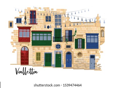 Part of traditional maltese houses in Valletta made of sandy stone bricks with various doors, windows and balconies. Vector isolated design