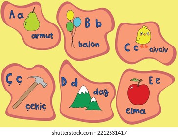 part of turkish alphabet with upper and lower case letters and example words with pictures; vector design for teachers, schools, lessons