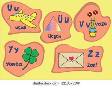 Part Of Turkish Alphabet With Upper And Lower Case Letters And Example Words With Pictures; Vector Design For Teachers, Schools, Lessons