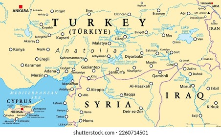 Part of the Turkish peninsula of Anatolia, political map, with Cyprus and northern Syria and Iraq. Eastern and Southeastern Anatolia, and Mediterranean Region. Geographical regions of Turkey, Türkiye.