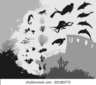 Part of the underwater world for your design. Silhouettes of different fish and animals. Corals and algae. Wreck. And the silhouette of the seabed and coral reefs