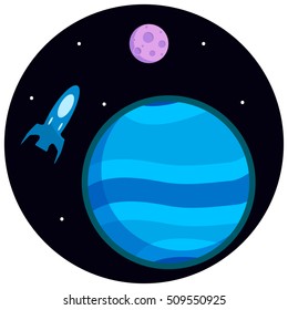 Part of the universe. Vector image of the cosmos in a circle: spacecraft, planets, the moon, the stars. A dark background. In flat style.