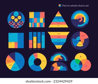 Part to whole infographic charts design template set for dark theme. Visual data presentation. Editable bar graphs and circular diagrams collection. Myriad Pro-Regular, Variable Concept fonts used