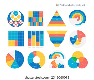 Part to whole infographic charts design template set. Comparison. Visual data presentation. Editable bar graphs and circular diagrams collection. Myriad Pro-Regular, Variable Concept fonts used