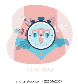 Part of woman body with biological clocks, limited fertility. Medical concept, feminine age. Menopause. Climacteric. Women's health. Menstrual periods. Uterus, clock and flowers. Vector illustration