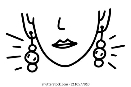 Part of a woman's face with earrings in her ears. Vector illustration isolated line art. A brilliant decoration in the ears, a closely depicted face for the theme of fashion, beauty.