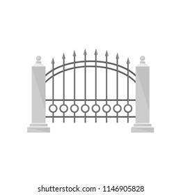 Part of wrought iron fence with stone fence posts, protective barrier for house, garden, park vector Illustration on a white background