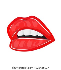 parted lips painted with red lipstick and white teeth