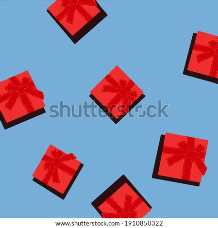 Partern wrapping paper. Invitation. Background, wallpaper. Red gift on tej blue background. Flat vector illustration.