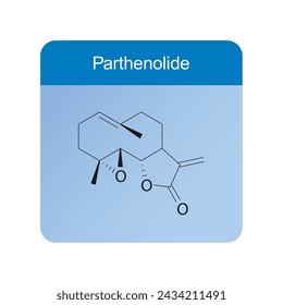 parthenolide skeletal structure diagram.Sesquiterpene compound molecule scientific illustration on blue background.