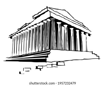 Parthenon, ancient greek temple on the Athenian Acropolis, in Athens, Greece, famous tourist sight and attraction, archeology place, vector, illustration in black and white color