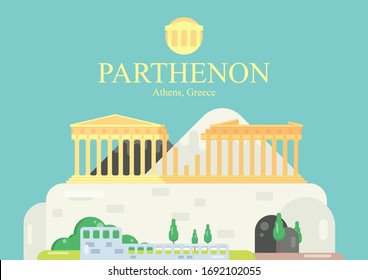 Parthenon, Athens of Greece, Landmark illustration, flat design vector.