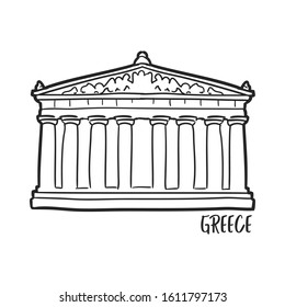 Parthenon Athens Greece Traditional Doodle. Icons Sketch Hand Made. Design Vector Line Art.