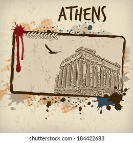 Parthenon from Athens in vintage style poster, vector illustration