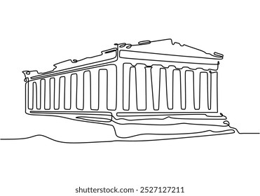 Parthenon building in one continuous line drawing. Minimalist design for architecture and historical landmarks. Hand-drawn illustration for Greek heritage.