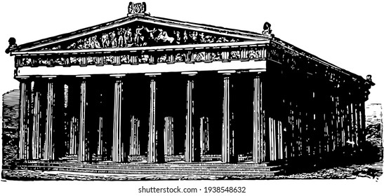Parthenon, a celebrated temple at Athens, vintage engraving.