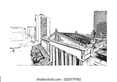 The Parthenon in Centennial Park in Nashville, Tennessee, USA. Hand drawn sketch illustration in vector.