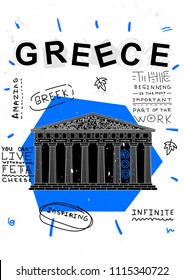 Parthenon, Greece.Travel banner. T-Shirt Design & Printing, clothes, bags, posters, invitations, cards, leaflets etc. Vector illustration hand drawn.
