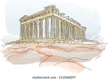 Parthenon in Acropolis, Athen, Griechenland. Niemand Aquarell, Vektorgrafik für Reisemagazine, Social Media, Poster, Postkarte oder Kalender