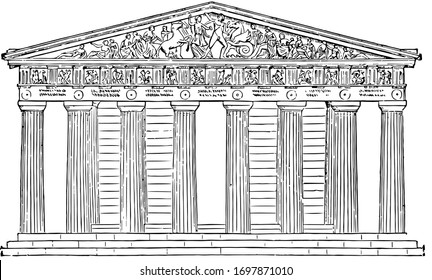 Parthenon restored, highest part of the Acropolis, vintage engraving.