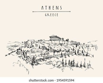 Parthenon-Tempel und Akropolis-Hügel in Athen, Griechenland. Handzeichnung im Retro-Stil. Reiseskizze. Vintage-Touristenkarte, Poster, Kalender oder Buchgrafik auf Vektorgrafik