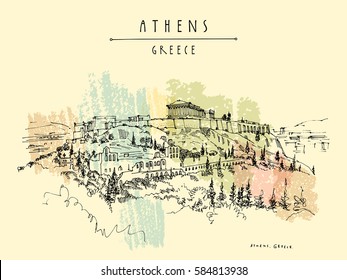 Parthenon temple and the Acropolis hill in Athens, Greece. Hand drawing in retro style. Travel sketch. Vintage touristic postcard, poster, calendar or book illustration in vector