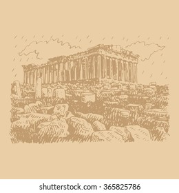 The Parthenon temple on the Athenian Acropolis, Greece. Vector freehand pencil sketch.