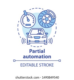 Partial automation concept icon. Vehicle with cruise control and parking sensors. Electronic car systems for driver idea thin line illustration. Vector isolated outline drawing. Editable stroke
