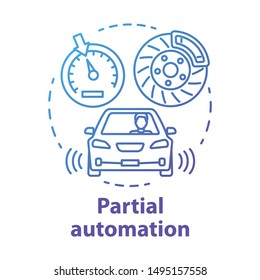 Partial automation concept icon. Vehicle with cruise control and parking sensors. Electronic car systems for driver idea thin line illustration. Vector isolated outline drawing. Editable stroke