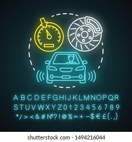 Partial automation neon light concept icon. Vehicle with cruise control, parking sensors. Electronic car systems idea. Glowing sign with alphabet, numbers and symbols. Vector isolated illustration