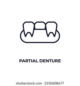 Icono de contorno de prótesis parcial. Vector lineal del concepto dentista. Icono de dentadura parcial de línea delgada aislado sobre fondo blanco