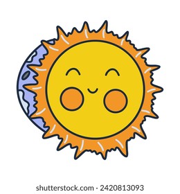 Partial lunar eclipse. Colorful vector isolated illustration hand drawn doodle. Icon or card, clip art with contour. Happy sun smile